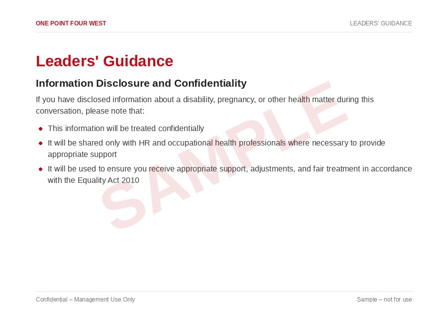 Sample page from the Absence Management Pack: leaders' guidance, information disclosure and confidentiality
