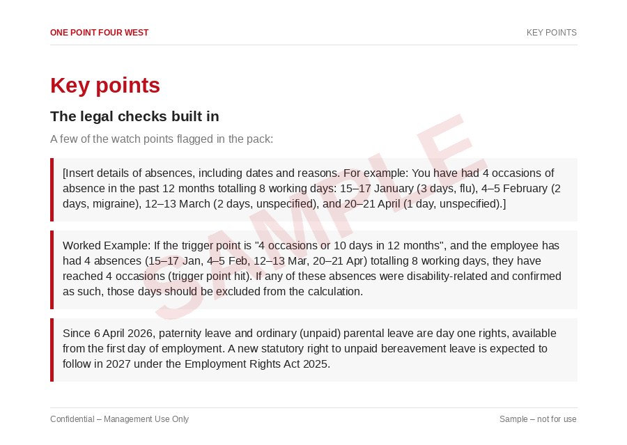 Sample page from the Absence Management Pack: key points, the legal checks built in