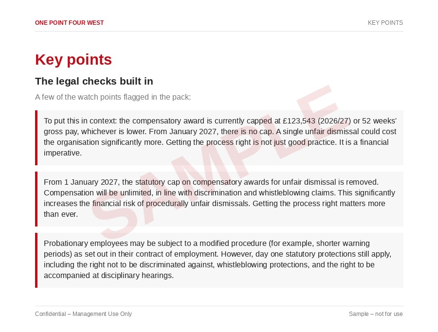 Sample page from the Disciplinary Process Pack: key points, the legal checks built in
