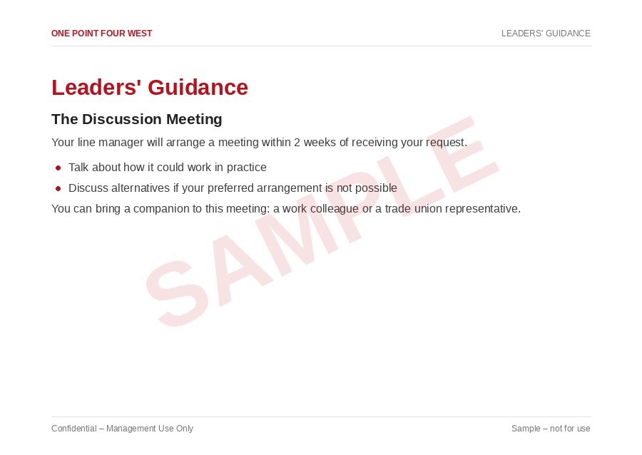 Sample page from the Flexible Working Pack: leaders' guidance, the discussion meeting