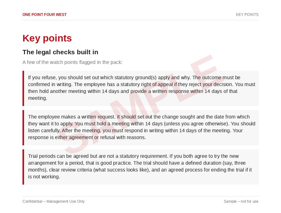 Sample page from the Flexible Working Pack: key points, the legal checks built in