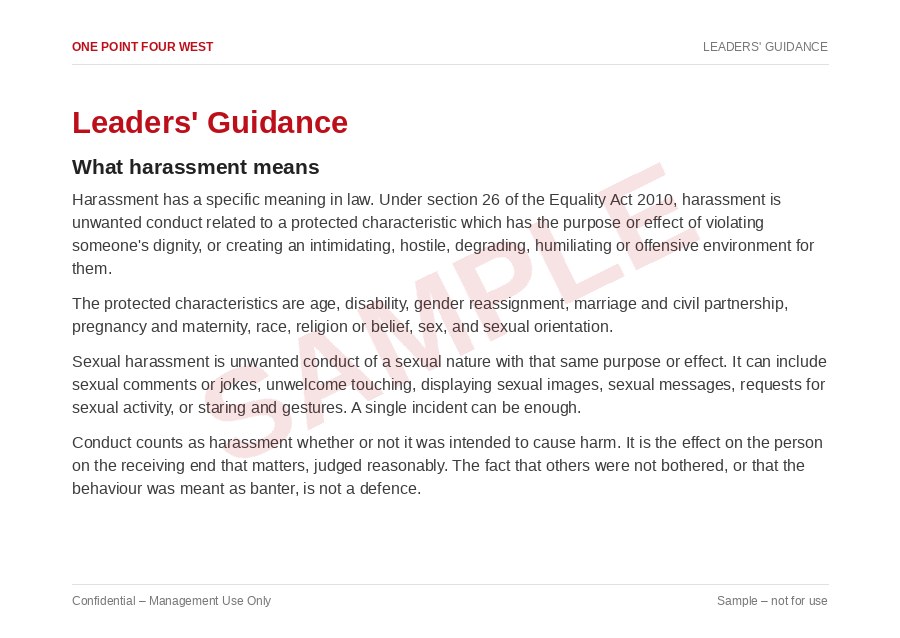 Sample page from the Harassment Prevention Pack: leaders' guidance, what harassment means