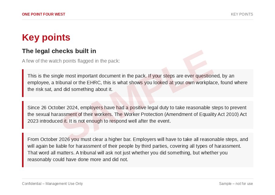 Sample page from the Harassment Prevention Pack: key points, the legal checks built in