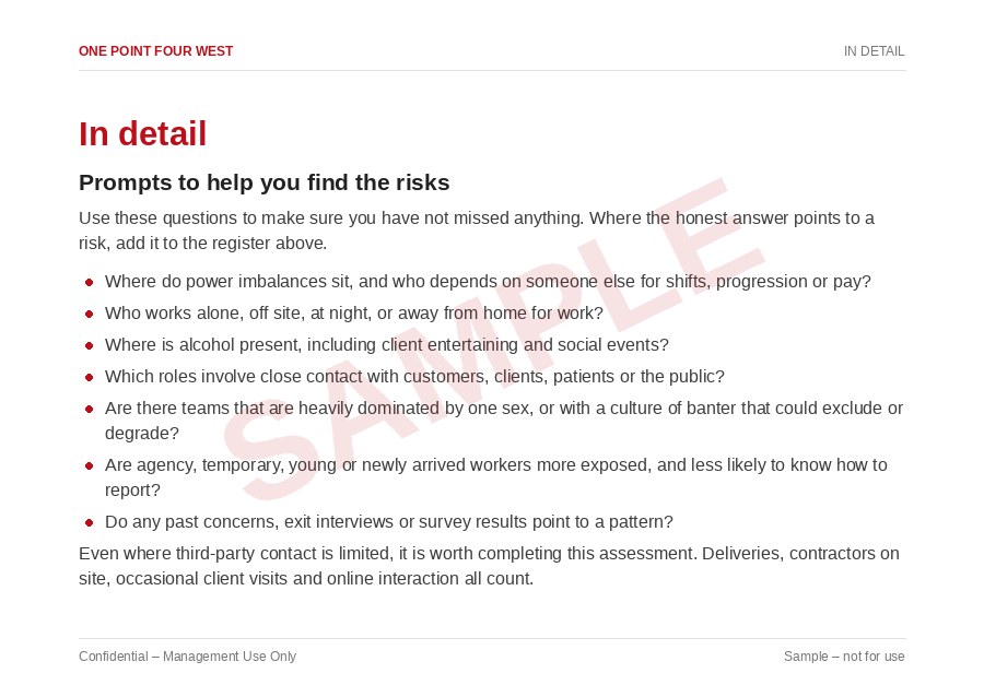 Sample page from the Harassment Prevention Pack: in detail, prompts to help you find the risks