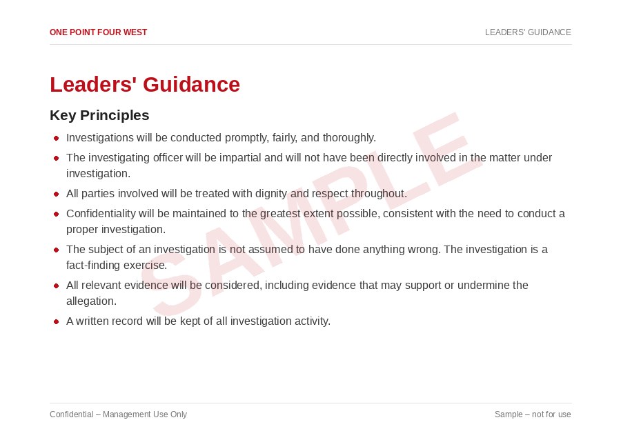 Sample page from the Workplace Investigation Pack: leaders' guidance, key principles