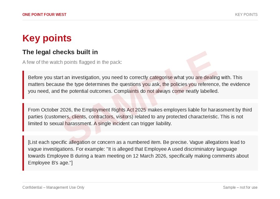 Sample page from the Workplace Investigation Pack: key points, the legal checks built in