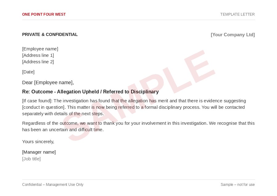 Sample page from the Workplace Investigation Pack: template letter, outcome - allegation upheld / referred to disciplinary