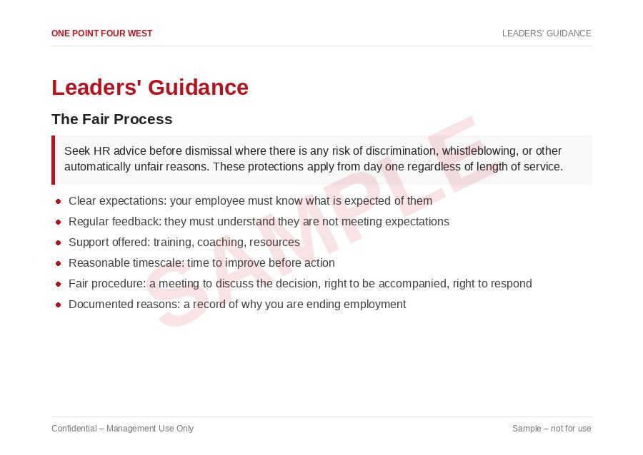Sample page from the Onboarding & Probation Pack: leaders' guidance, the fair process