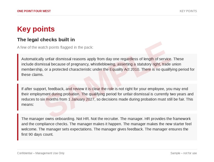 Sample page from the Onboarding & Probation Pack: key points, the legal checks built in