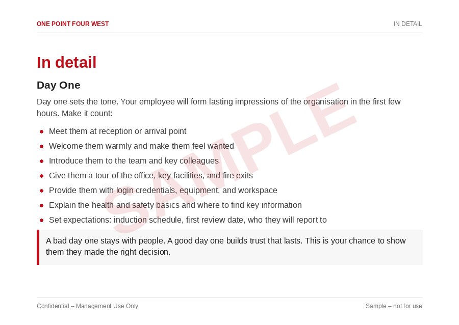 Sample page from the Onboarding & Probation Pack: in detail, day one