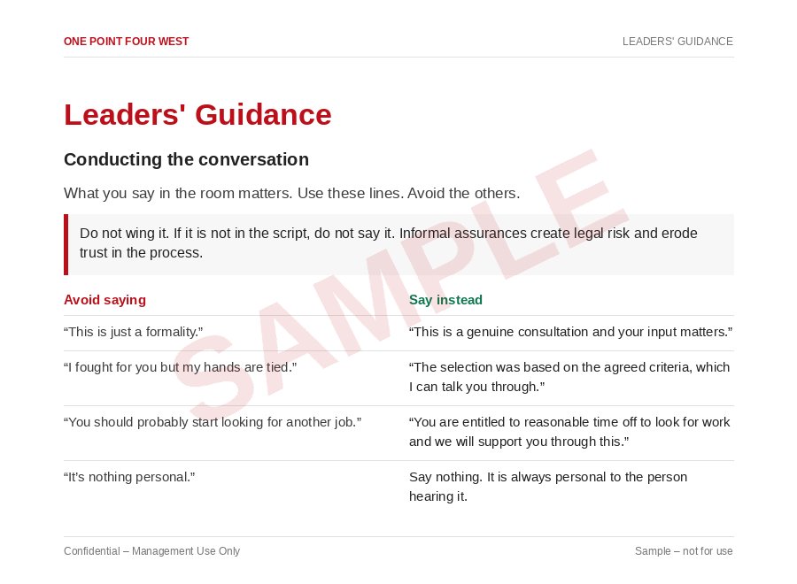 Sample page from the Redundancy Process Pack: leaders' guidance, conducting the conversation