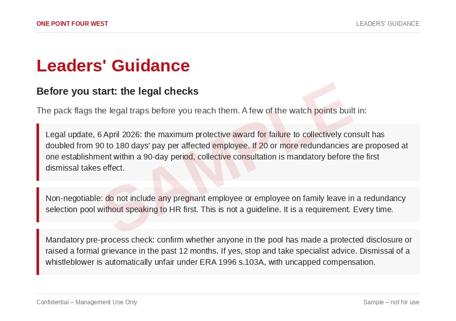 Sample page from the Redundancy Process Pack: legal checks before you start