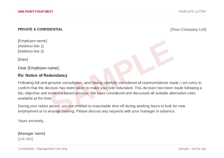 Sample template letter from the Redundancy Process Pack: notice of redundancy