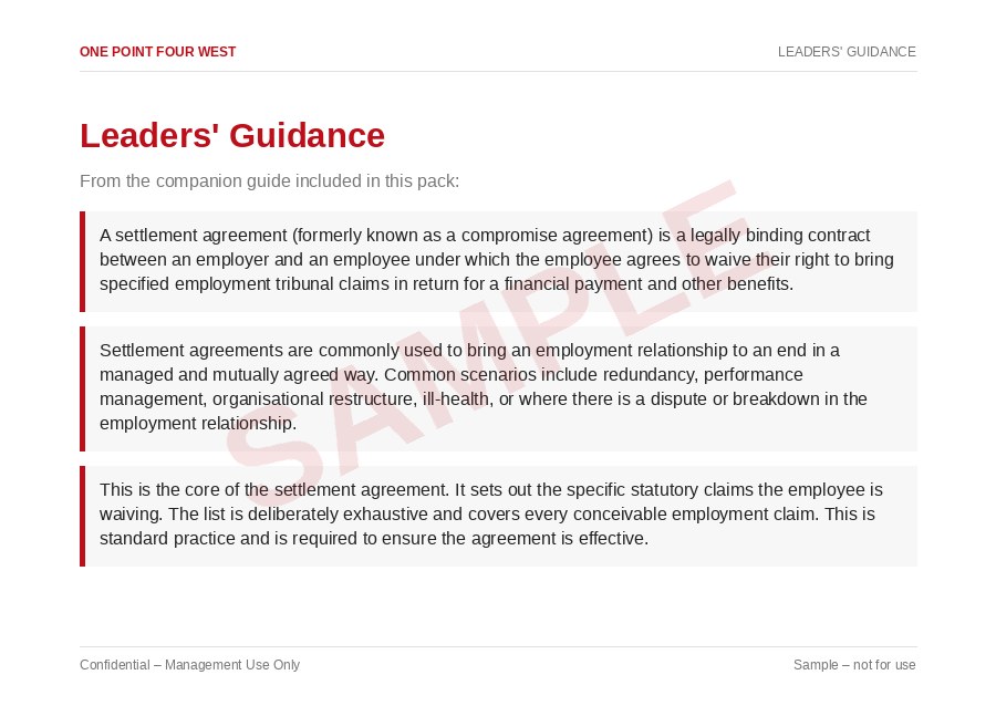 Sample page from the Settlement Agreement Pack: leaders' guidance