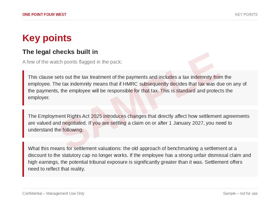 Sample page from the Settlement Agreement Pack: key points, the legal checks built in