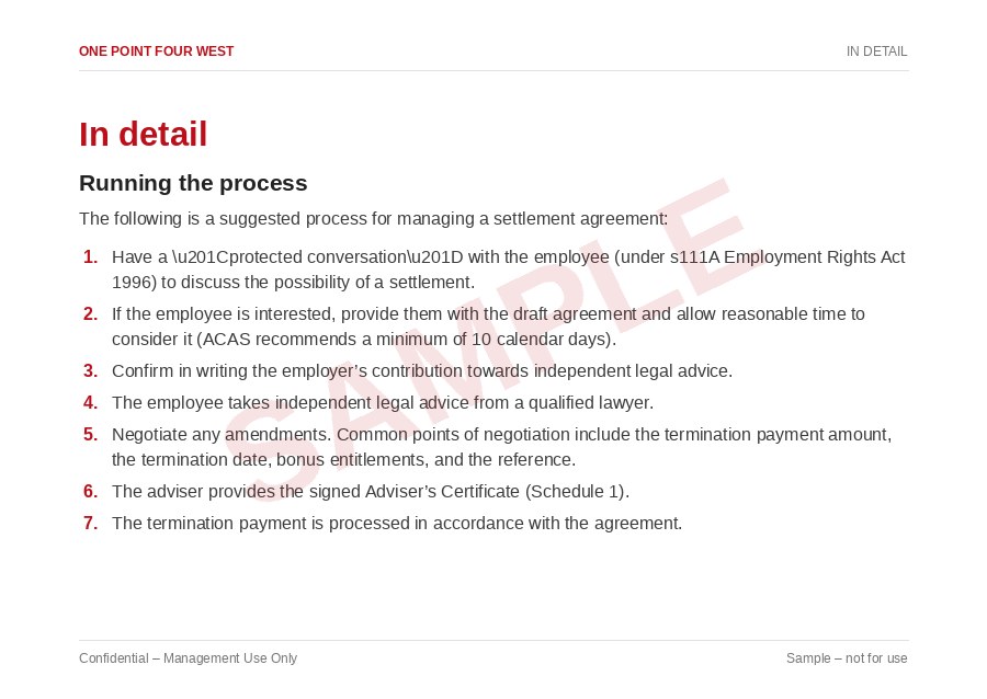 Sample page from the Settlement Agreement Pack: in detail, running the process