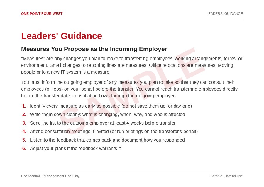 Sample page from the TUPE Transfer Pack (Incoming Employer): leaders' guidance, measures you propose as the incoming employer