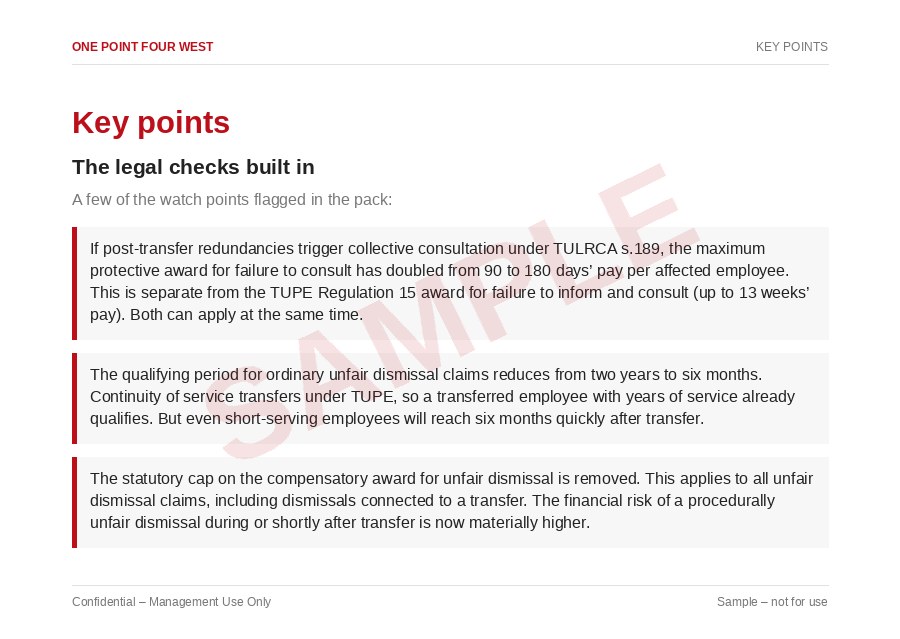 Sample page from the TUPE Transfer Pack (Incoming Employer): key points, the legal checks built in