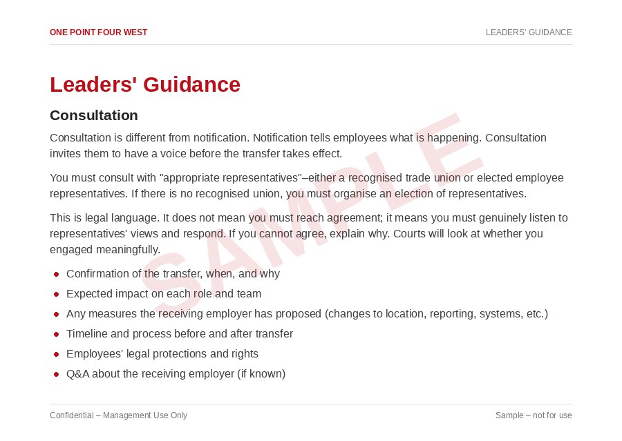 Sample page from the TUPE Transfer Pack (Outgoing Employer): leaders' guidance, consultation