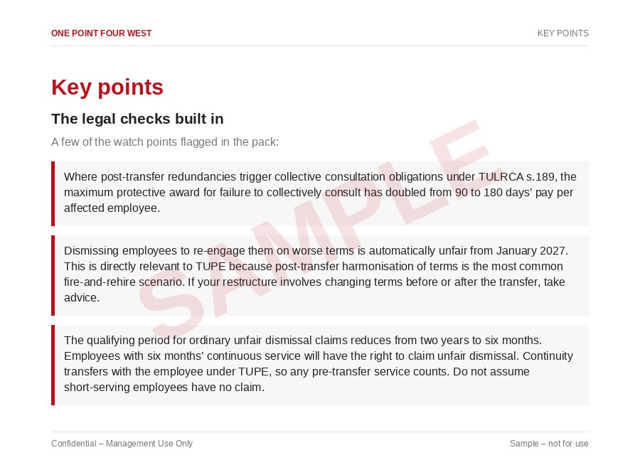Sample page from the TUPE Transfer Pack (Outgoing Employer): key points, the legal checks built in