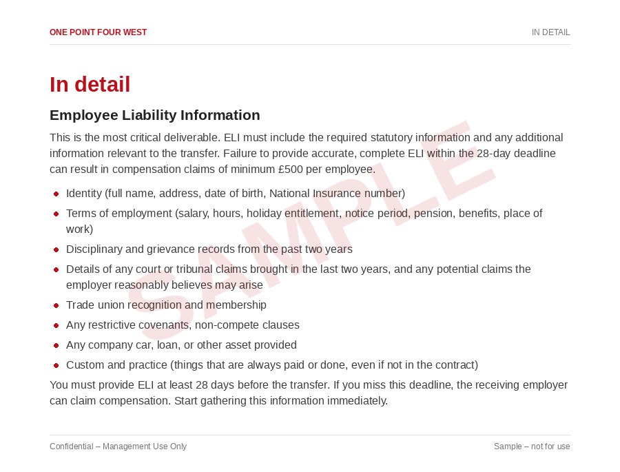 Sample page from the TUPE Transfer Pack (Outgoing Employer): in detail, employee liability information