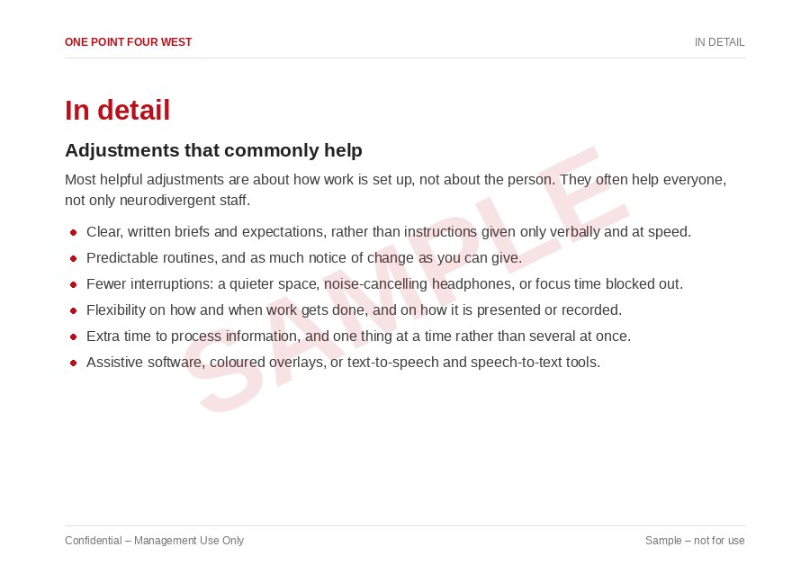 Sample page from the Wellbeing & Inclusion Pack: in detail, adjustments that commonly help