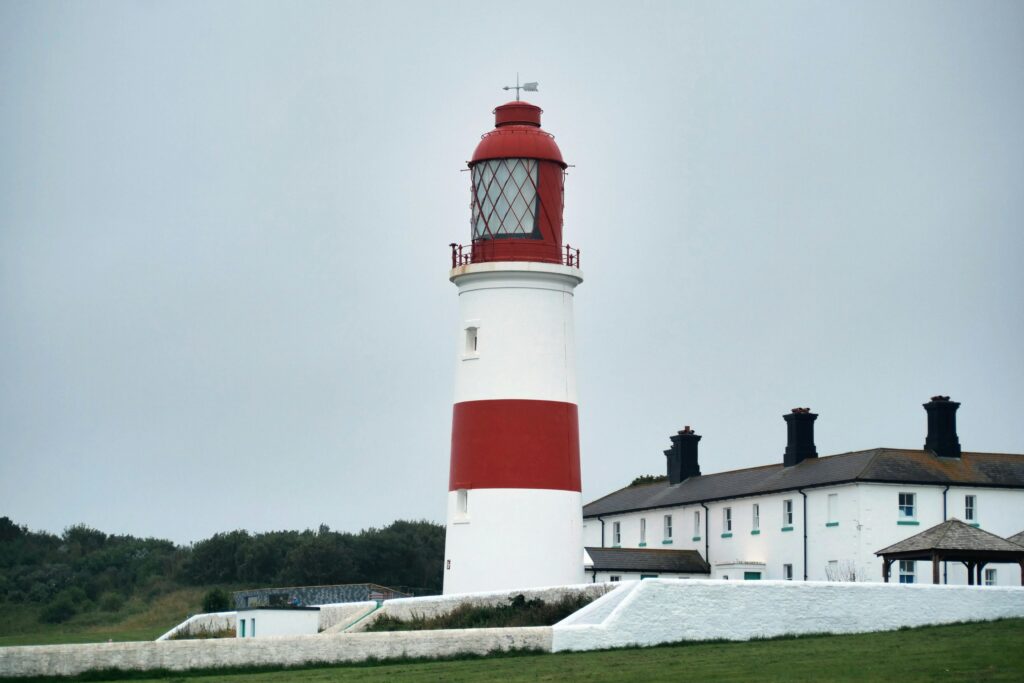 Stunning view of Souter Lighthouse and its surrounding buildings in England.